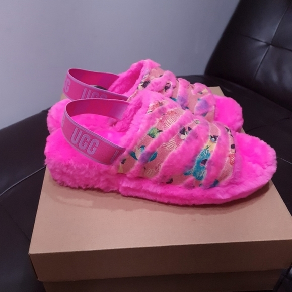 Ugg Fluff Yeah Tiger Flower Bright Pink Slingback Slip-on Slipper Womens US 11 - Picture 3 of 16
